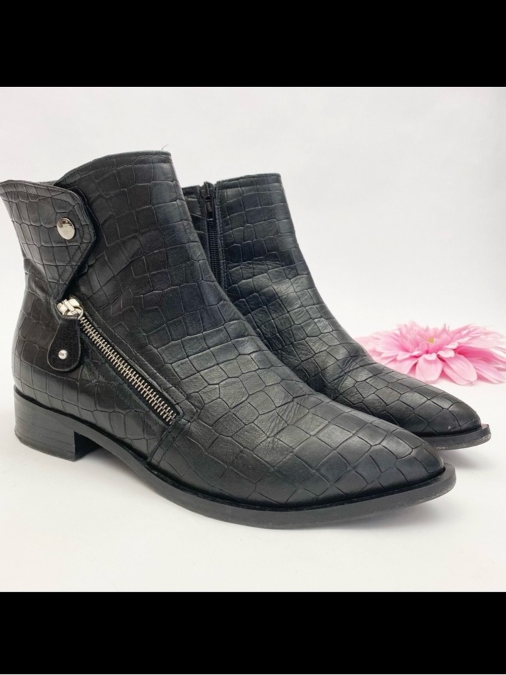 Napoleoni Italy Croc Embossed Leather Moto Zip Ankle Boots: Black